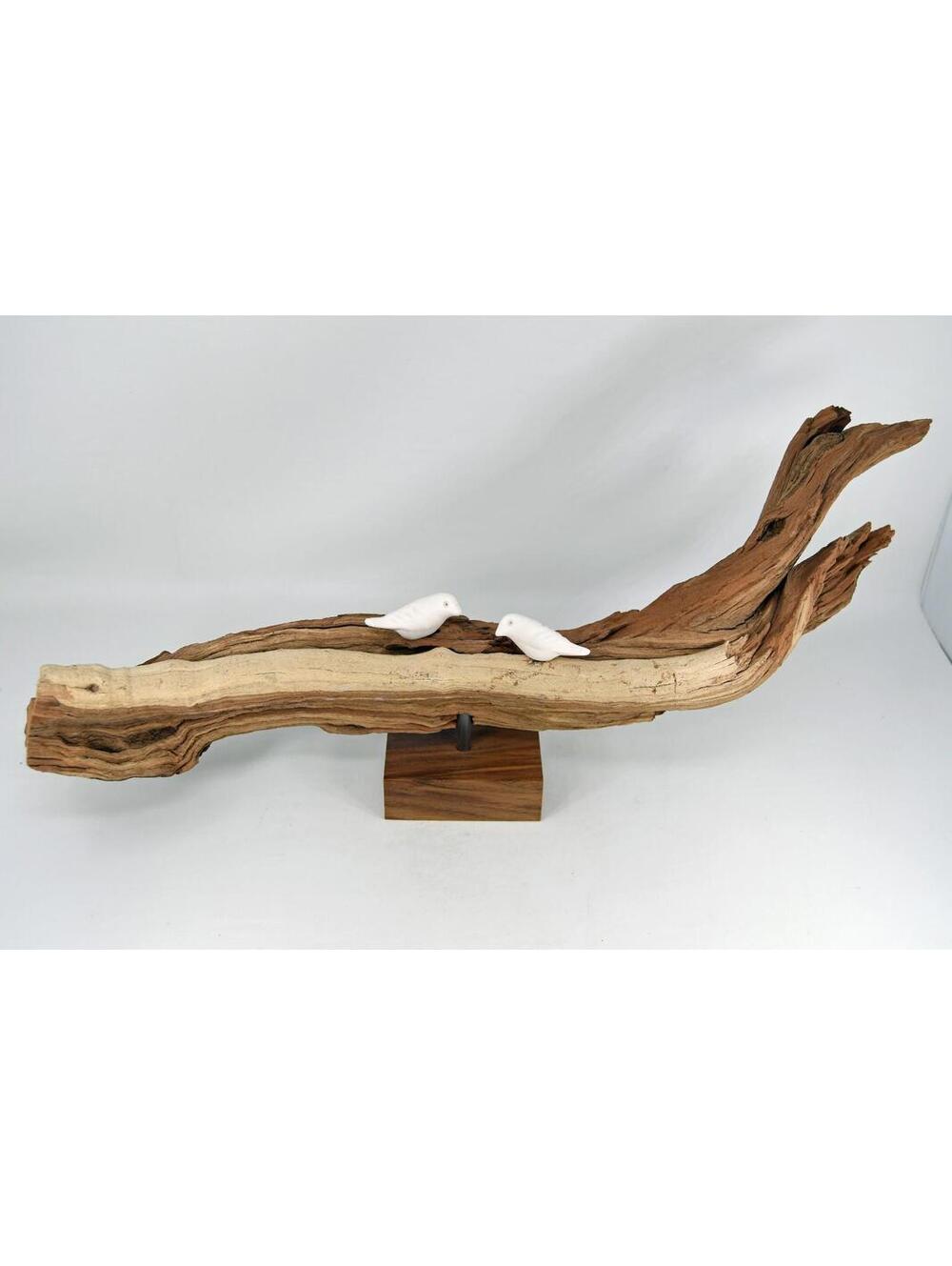 Birds on Driftwood Branch Sculpture Natural Vtg White Ceramic Bisque Signed 19"